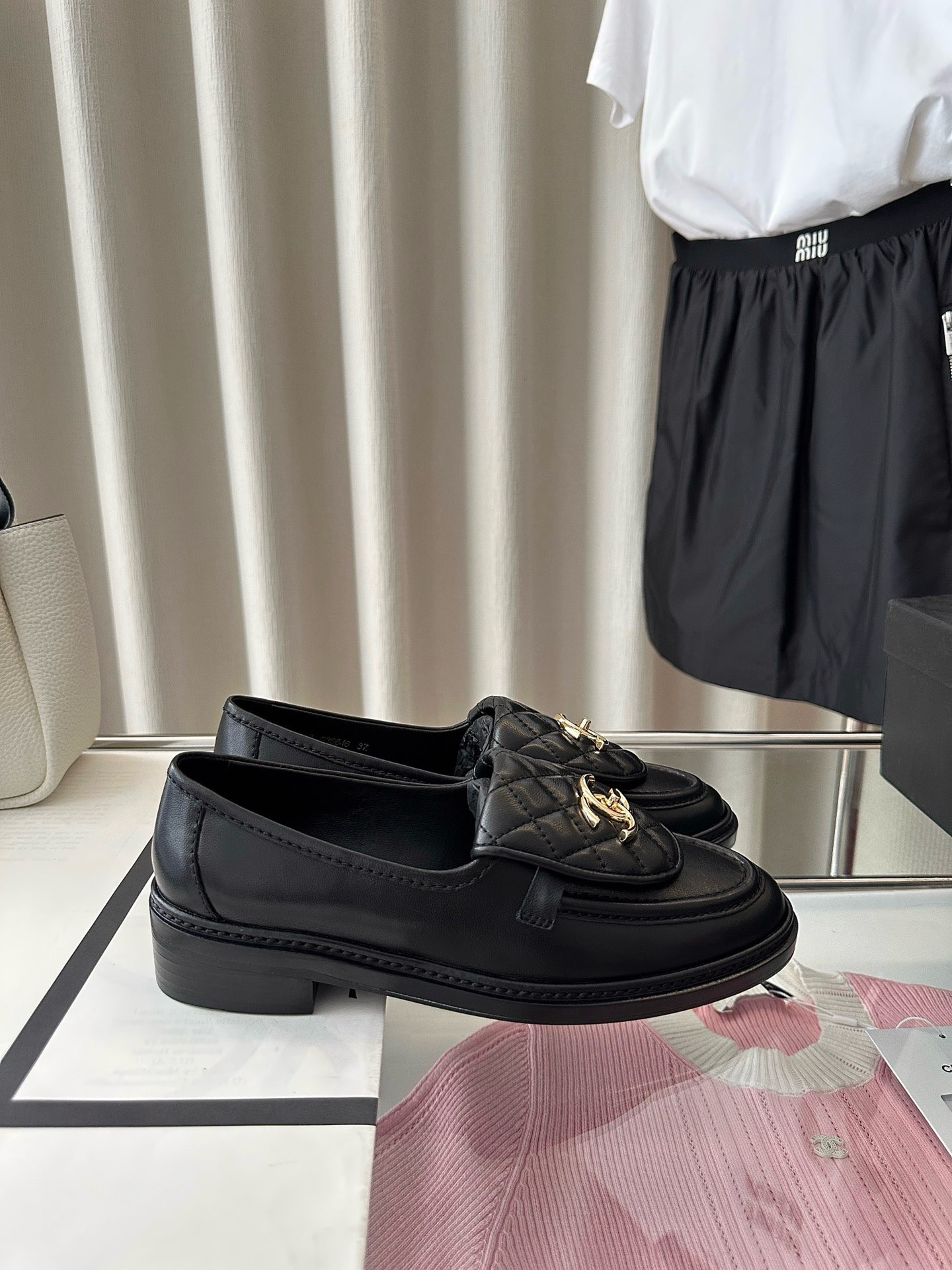 Ch*el quilted tab loafers black leather