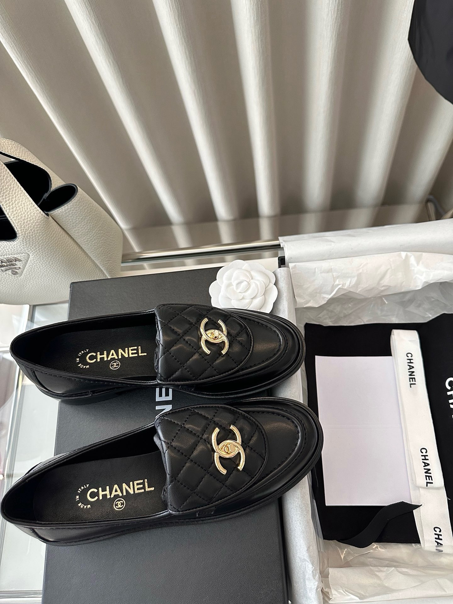Ch*el quilted tab loafers black leather
