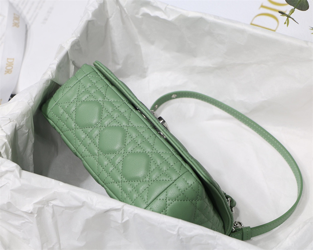 small d*or caro bag green S*pple cannage calfskin with silver hardware 20 x 12 x 7 cm