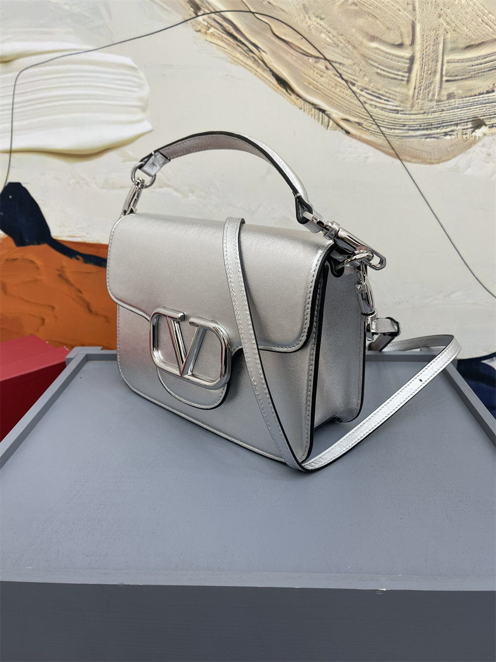VALENTINO GARAVANI LOCÒ CALFSKIN SHOULDER SMALL BAG SILVER 22 x 16  x 7 cm