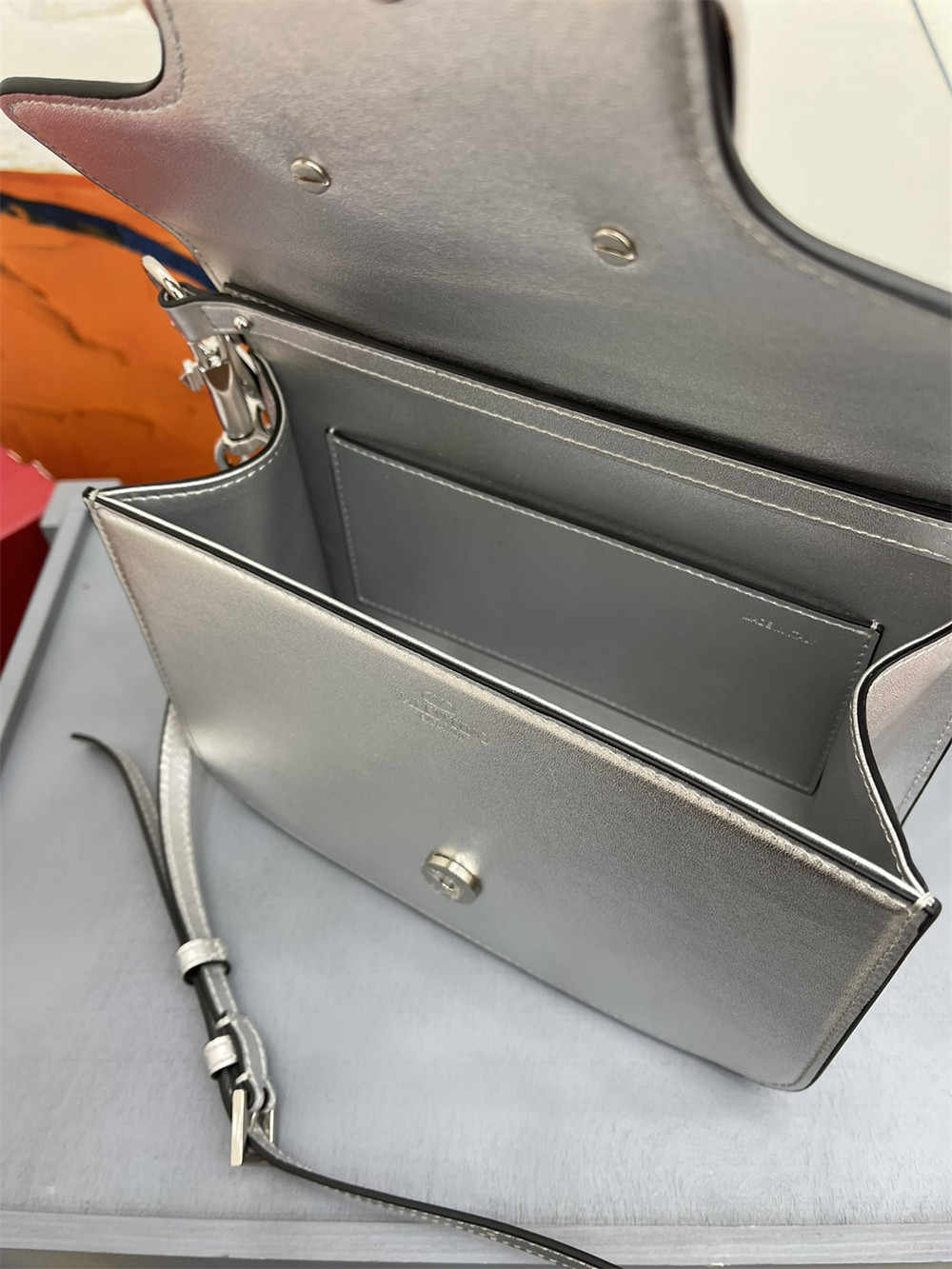 VALENTINO GARAVANI LOCÒ CALFSKIN SHOULDER SMALL BAG SILVER 22 x 16  x 7 cm