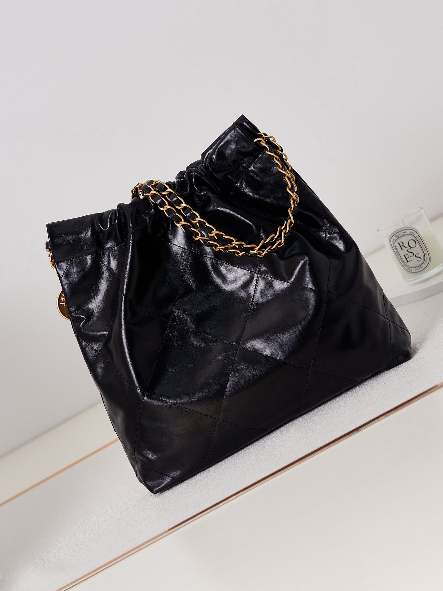 Ch*el 22 small handbag shiny calfskin & gold metal black 13.7×14.4×2.7 in