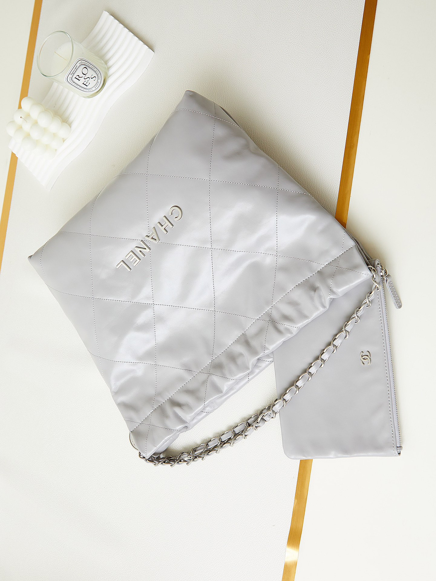 Ch*el 22 small handbag shiny calfskin grey 13.7×14.4×2.7 in