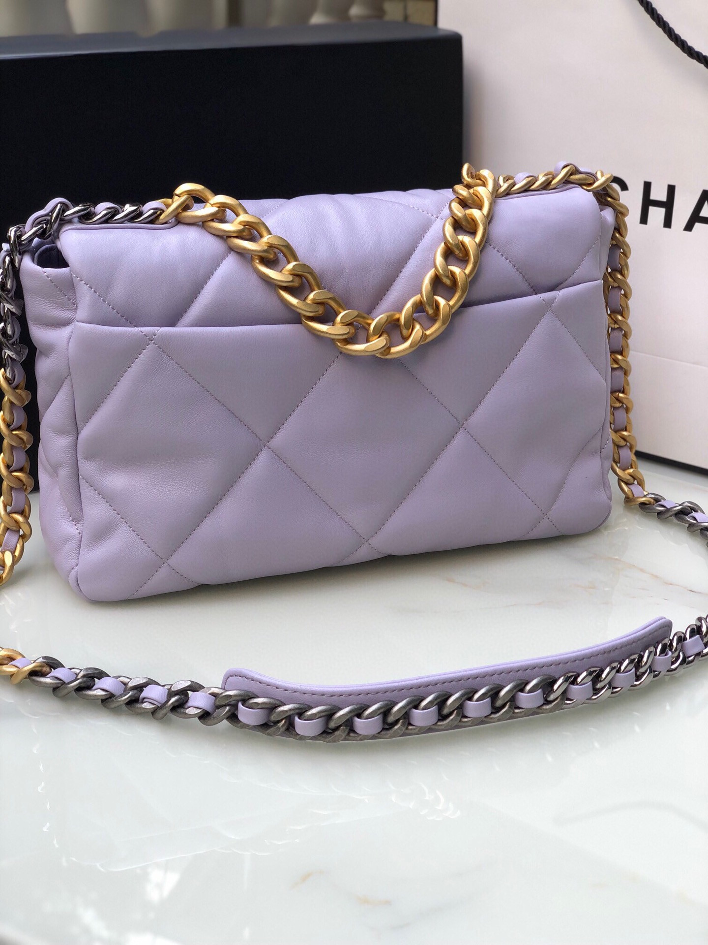 Ch*el 19 large handbag shiny leather, gold-tone, silver-tone & ruthenium-finish metal purple 7.8 × 11.7 × 3.9 in