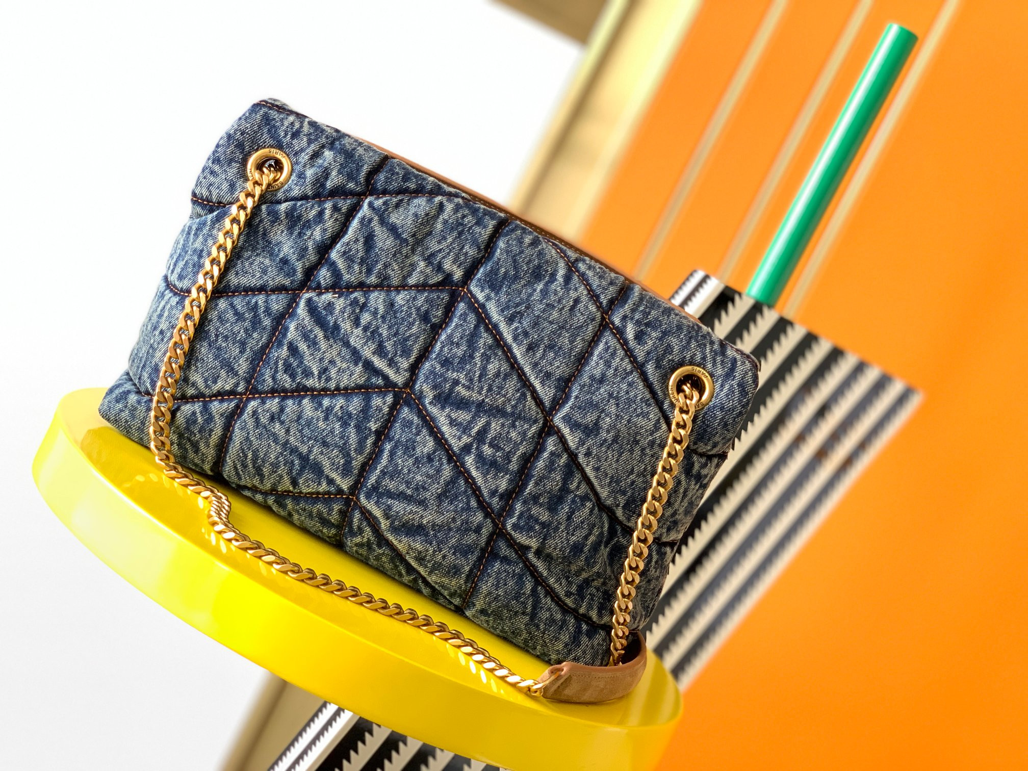 Y*L puffer small in suede and denim rodeo blue 11.4 x 6.6 x 4.3 inches