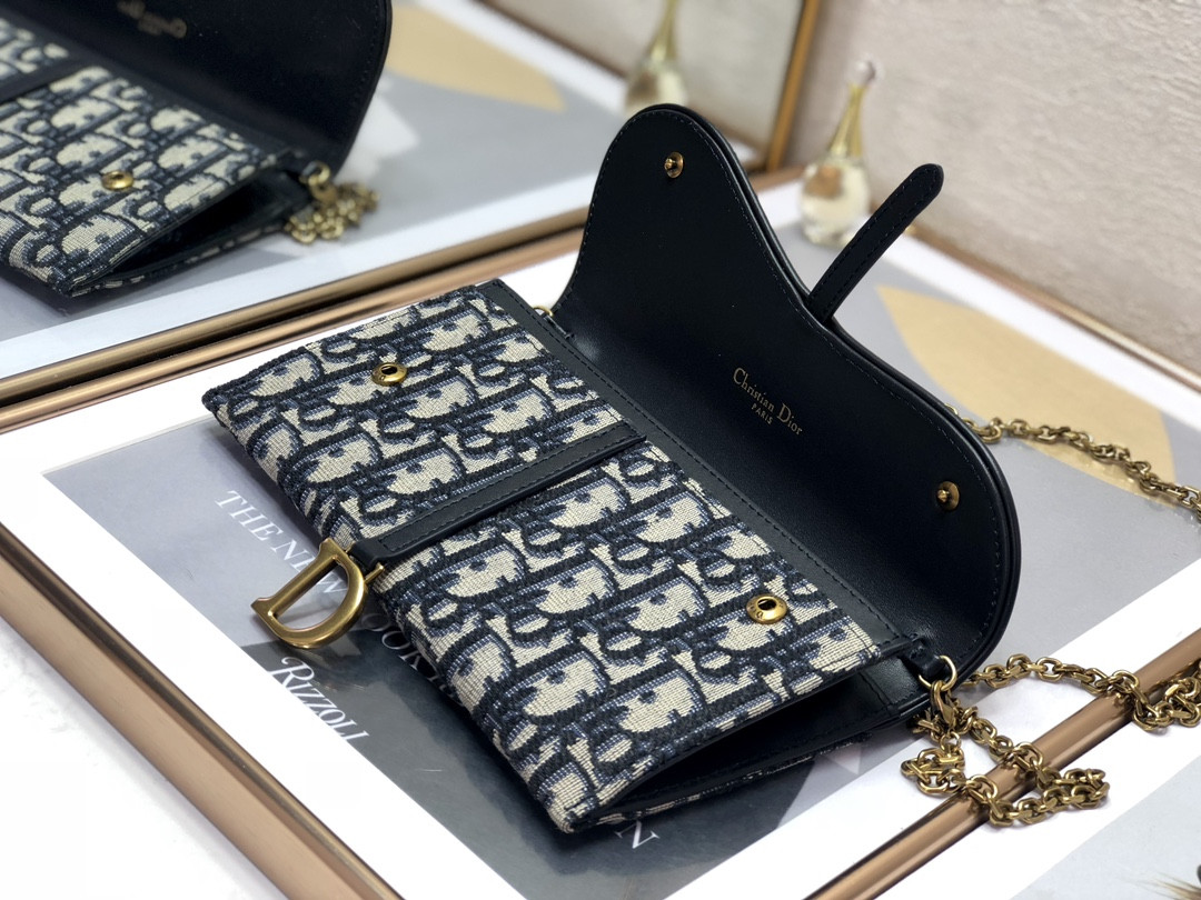 D*or saddle pouch with chain blue D*or oblique jacquard 8.5 x 5 x 1.5 inches