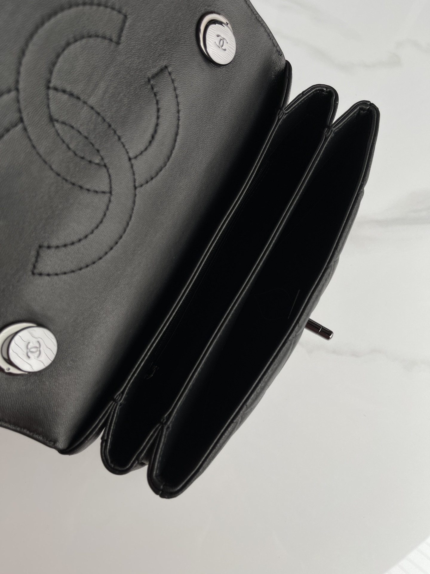 Ch*el flap bag with top handle black 6.6 × 9.8 × 4.7 in