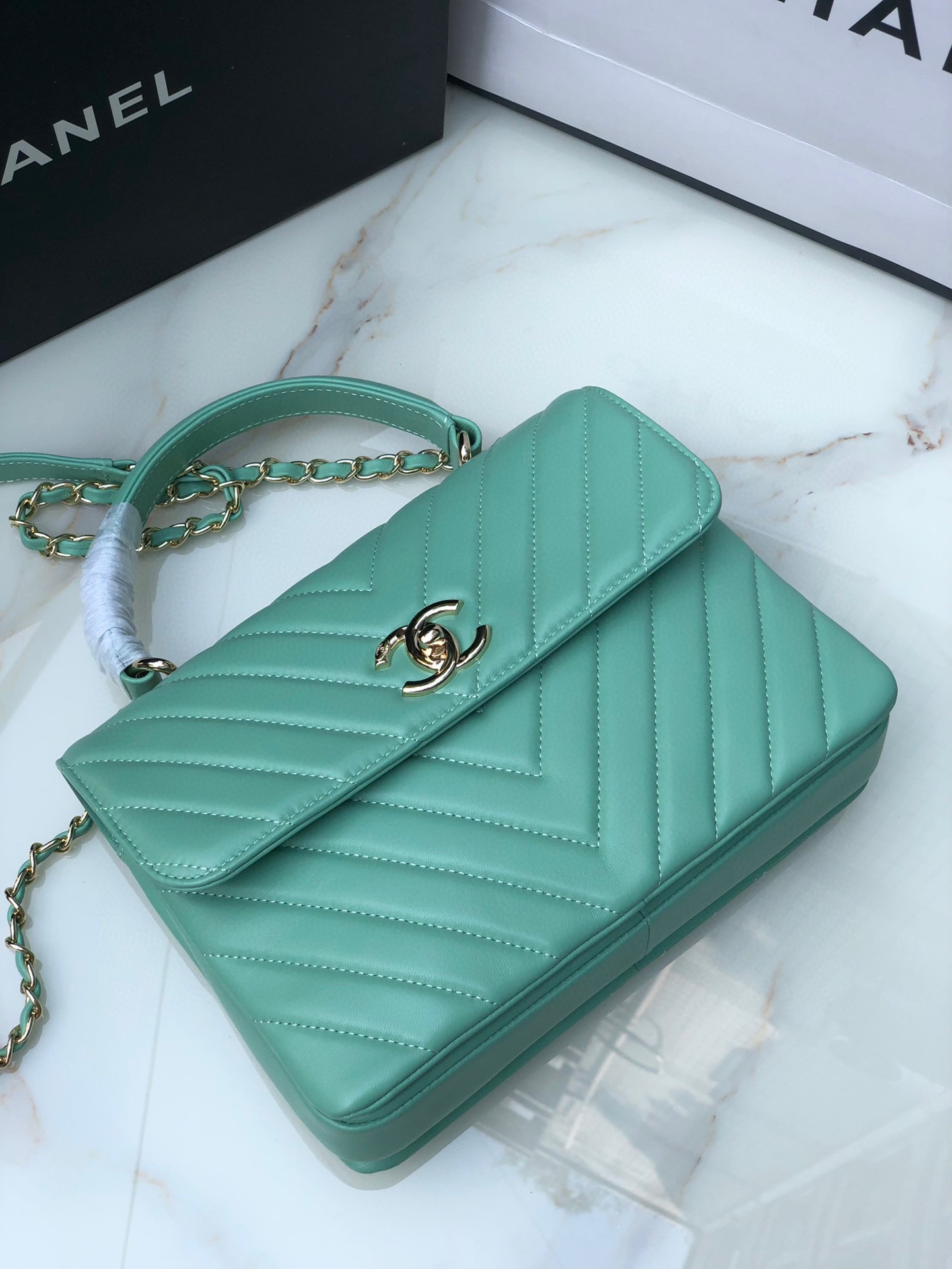 Ch*el flap bag with top handle blue silver 6.6 × 9.8 × 4.7 in