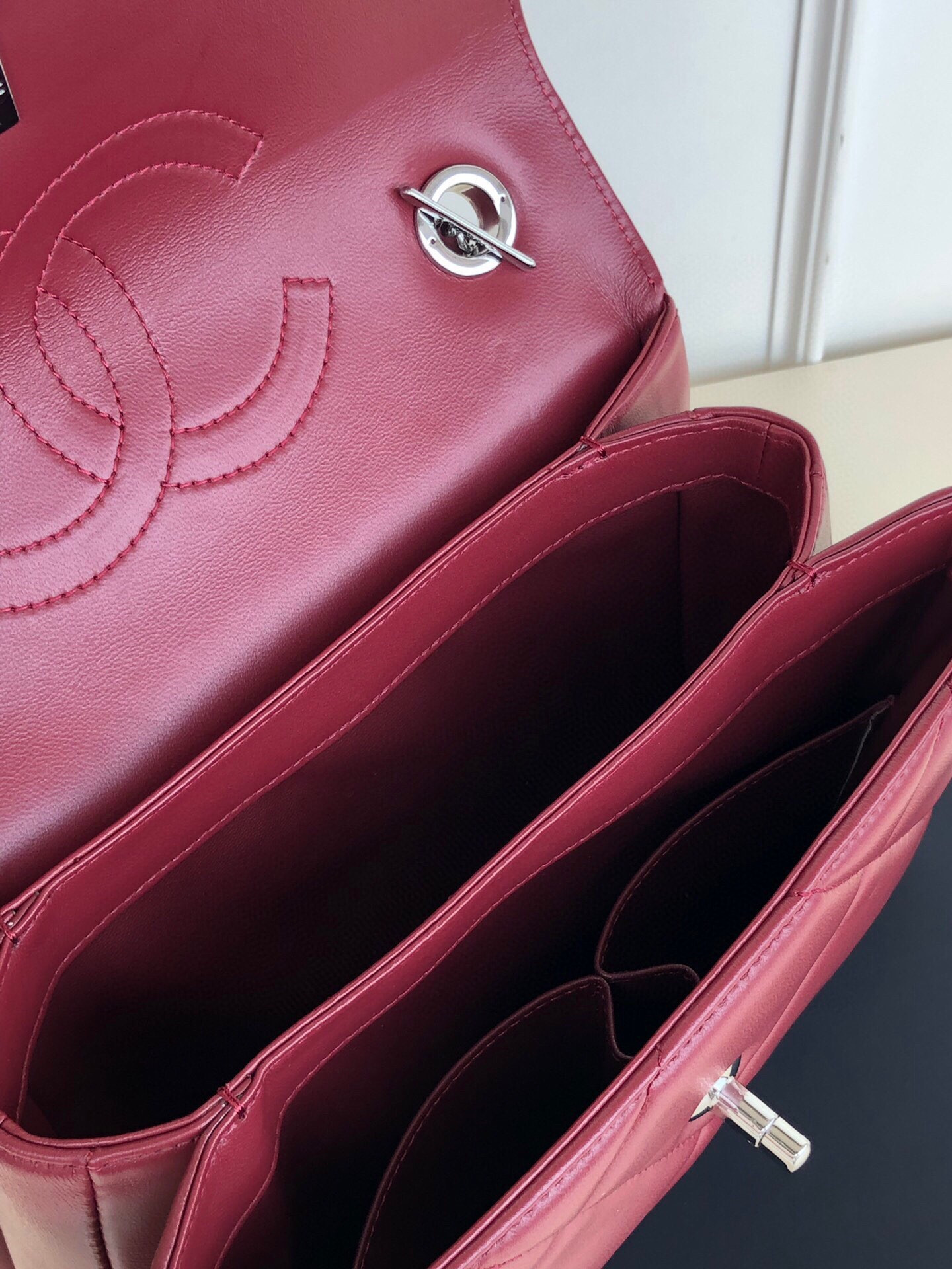 Ch*el flap bag with top handle 6.6 × 9.8 × 4.7 in